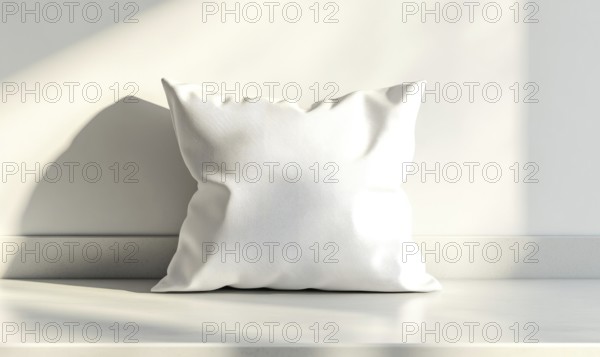 A white pillow sits on a countertop in a room with a window. The pillow is unmade and he is a decorative item. The room is bright and airy, with sunlight streaming in through the window. AI generated