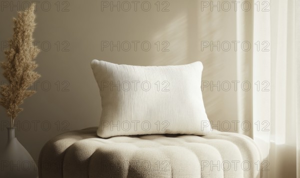A white pillow sits on a white cushion. The pillow is placed on a round cushion, which is also white. The pillow is the main focus of the image, and it is a decorative item. AI generated
