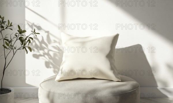 A white pillow sits on a chair in a room with a plant in the background. The room is well-lit and has a clean, minimalist feel. AI generated