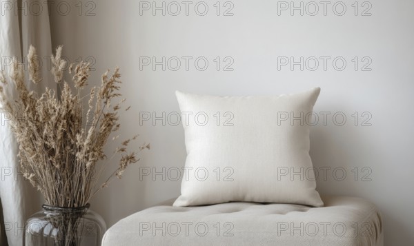 A white pillow sits on a bench next to a vase of dried flowers. The pillow is unmade and the flowers are brown. The scene is simple and peaceful, with the pillow and flowers creating a sense of calm. AI generated