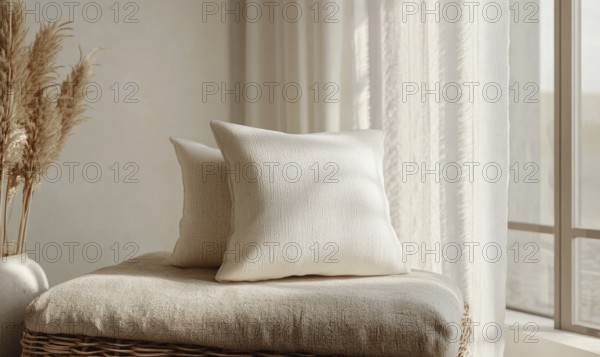 A white pillow sits on a chair in front of a window. The pillow is placed on top of a basket, which is also white. The room has a clean and simple design, with a window that lets in natural light. AI generated