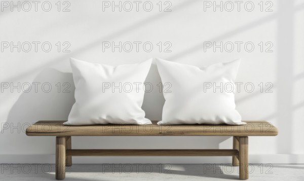 A wooden bench with two white pillows on it. The bench is located in a room with a white wall and a window. The sunlight is shining through the window, creating a warm. AI generated