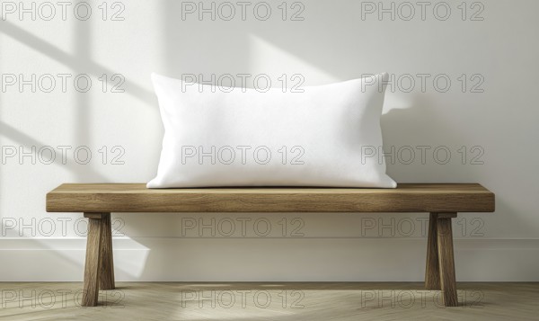 A minimalist wooden bench with a white pillow lit by warm natural light. AI generated