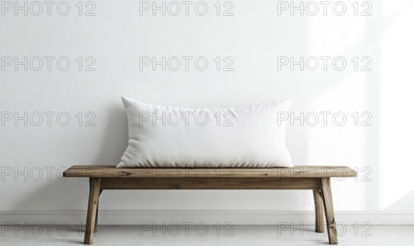 A minimalist wooden bench with a white pillow, bathed in natural light. AI generated