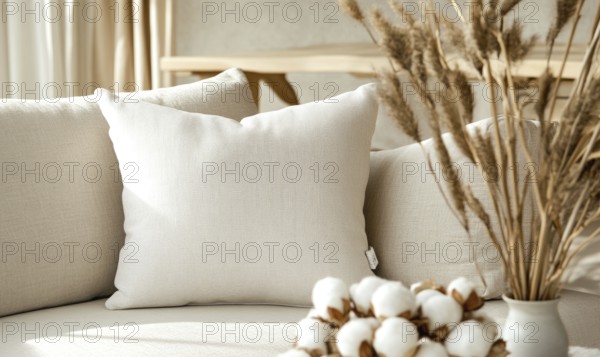 A cozy arrangement of pillows and cotton stems in a softly lit room creates a warm atmosphere. AI generated