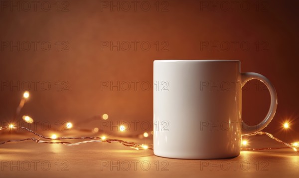 A white coffee cup sits on a table with a string of lights behind it. The lights create a warm and cozy atmosphere, perfect for enjoying a hot cup of coffee on a chilly day. AI generated