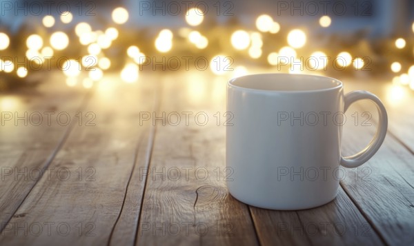 A white coffee cup sits on a wooden table with a Christmas tree decoration in the background. The scene conveys a cozy and festive atmosphere. AI generated