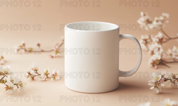 A white coffee cup sits on a table with a bunch of pink flowers. The cup is empty and the flowers are scattered around it. Concept of calm and relaxation, as the cup and flowers are both simple. AI generated