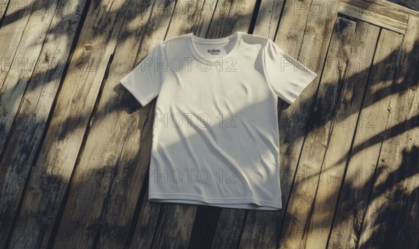 A white shirt is laying on a wooden surface. The shirt is unbuttoned and has a collar. The shirt is laying on the surface in a way that it is not visible. AI generated