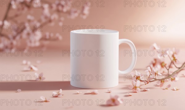A white coffee cup is sitting on a pink background with pink flowers. The cup is empty and has no design on it. Concept of simplicity and minimalism, with the focus on the plain white cup. AI generated