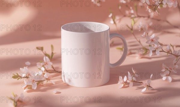 A white coffee cup sits on a pink background with pink flowers. The cup is empty and the flowers are in full bloom. Concept of freshness and tranquility, as the cup and flowers are both simple. AI generated