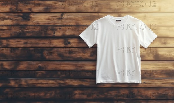 A white t-shirt is hanging on a wooden wall. The shirt is hanging by its collar and is not folded. The shirt is hanging in a way that it is not touching the wall. AI generated
