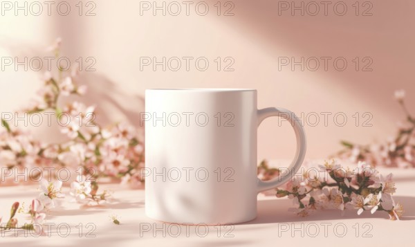 A white coffee cup sits on a table next to a bunch of pink flowers. The cup is empty and the flowers are in full bloom, creating a serene and peaceful atmosphere. AI generated