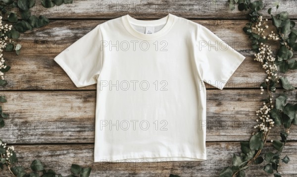 A white t-shirt is sitting on a wooden surface. The shirt is unbuttoned and has a clean, crisp appearance. The wooden surface is surrounded by green leaves, giving the scene a natural and calming feel. AI generated