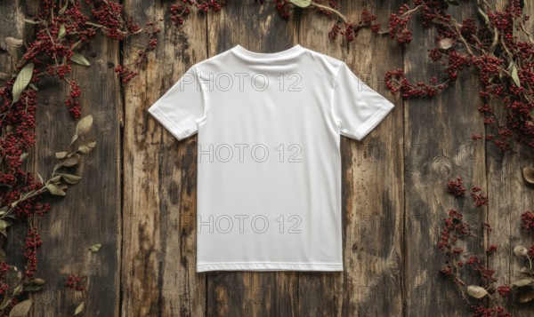 A white t-shirt is displayed on a wooden table with red berries in the background. The t-shirt is unbuttoned and the sleeves are rolled up. The image conveys a casual and relaxed mood. AI generated
