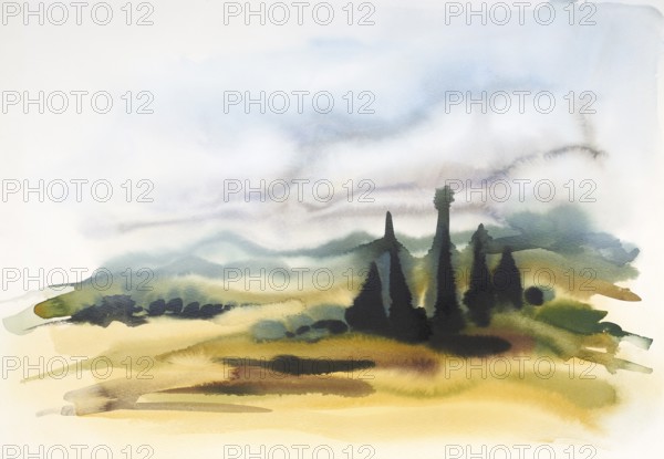 Watercolor painting showing a landscape in Tuscany at summer time
