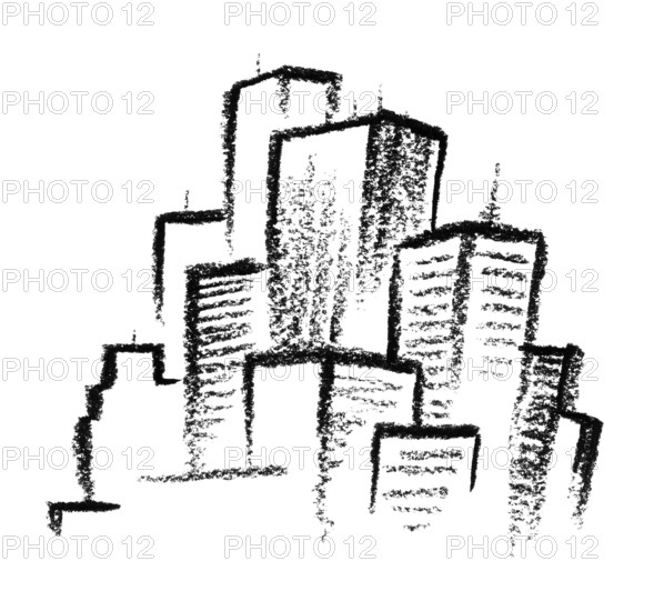 Crayon-sketched city illustration done by me