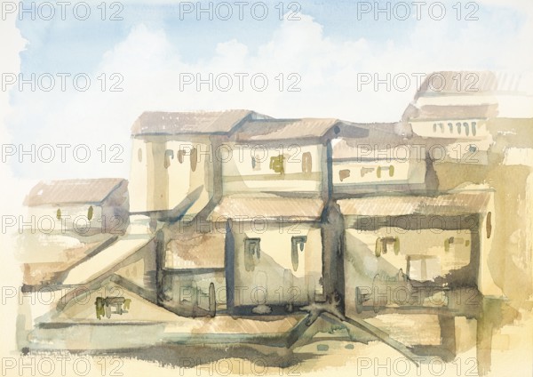 Watercolor painting showing a town in Tuscany at summer time