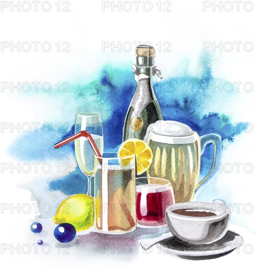 Watercolor illustration showing lots of various drinks in colorful back