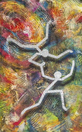 Stylized picture painted by me named Interaction, showing two figures in colorful vivid ambiance