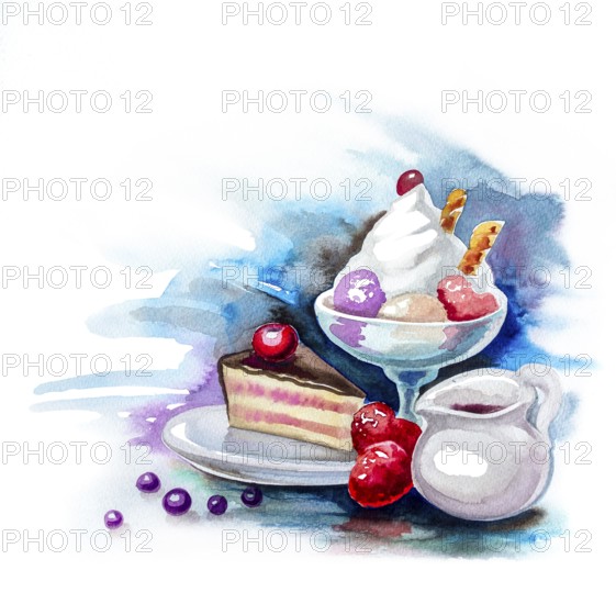 Watercolor illustration showing a cake and some ice cream and fruits in colorful back