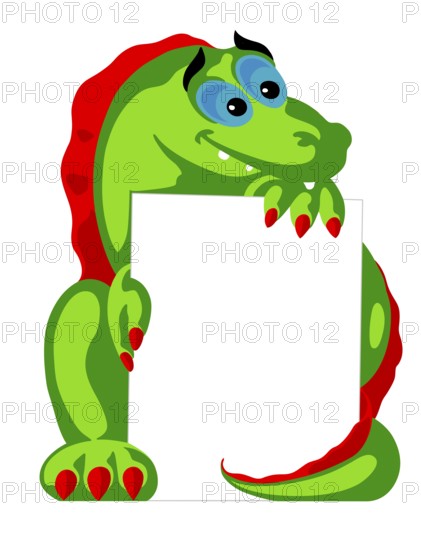 Funny illustration of a colorful dinosaur holding a white signboard