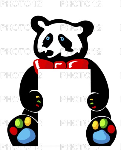 Funny illustration of a sitting colorful panda bear holding a white signboard