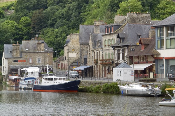 Idyllic scenery at the port of Dinan, a town in Brittany, France. It is located at the river Rance