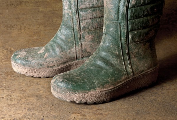 Pair of green dirty gumboots in rusty back