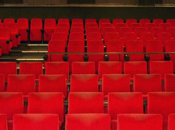 Indoor scenery showing a movie theater with red seats in warm ambiance