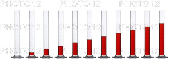Row of measuring cylinders made of glass, gradually filled with translucent red fluid in front of white back