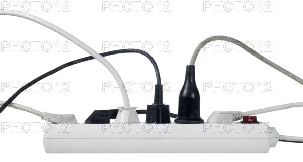 Studio photography of a multiple socket and connected plugs isolated on white with clipping path