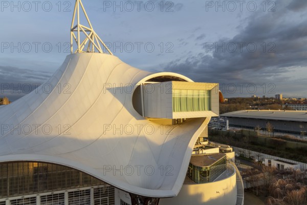 High angle view including the Centre Pompidou-Metz in Metz, a city in the Lorraine region at northeast France at evening time