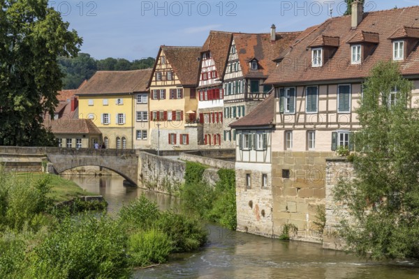 City view of a town named Schwaebisch Hall in Southern Germany at summer time