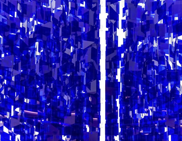 Full frame abstract background showing lots of hanging blue glass sheets