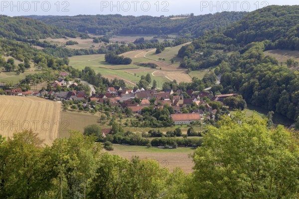Aerial view showing a village named Baechlingen near Langenburg in Hohenlohe, a area in Southern Germany at late summer time