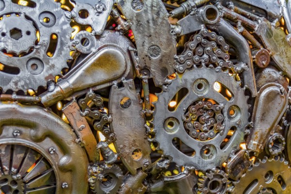 Full frame warm illuminated metallic mechanical background with gear wheels and other material