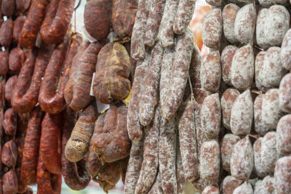 Closeup shot showing various air-dried salame sausages seen in Italy