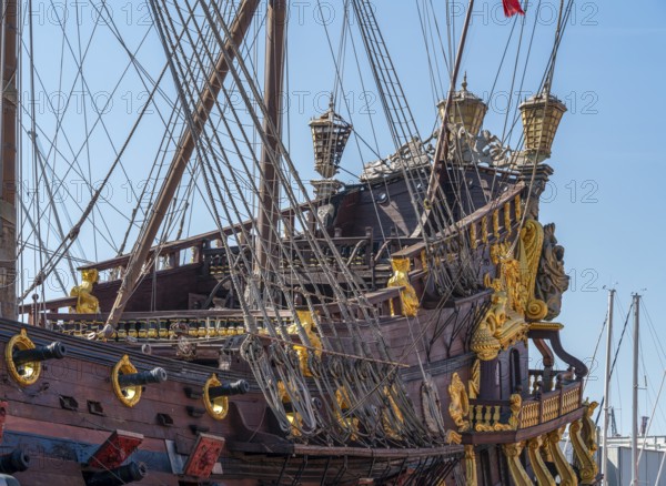 Detail of a historic sailing ship seen in Genoa, the capital of the italian region of Liguria