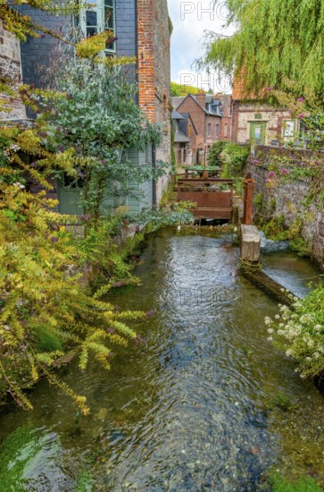 Scenery around river Veules in Veules-les-Roses, a commune in the Seine-Maritime department in the Normandy region in northern France