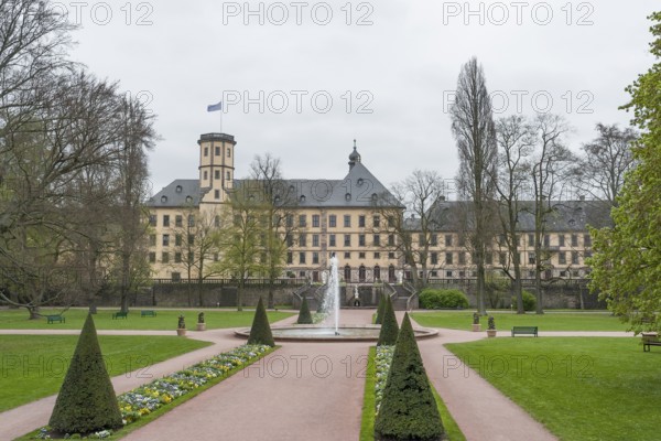 Park around a historic building named Stadtschloss in Fulda, a city in Hesse, Germany