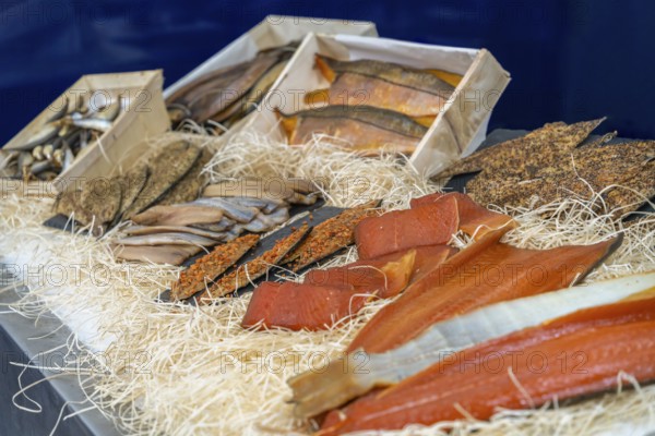 Various smoked fish seen at the Normandy region of northern France