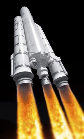 Model of a Ariane rocket with fire backblast in black back