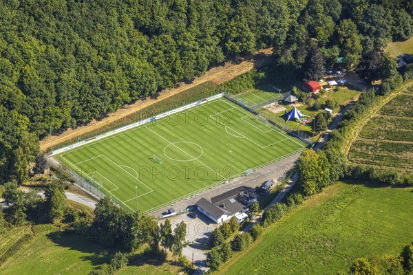 Aerial view, football stadium sports field Vor der Höh, SG Albaum/Heinsberg, sunshades in a meadow, Heinsberg, Kirchhundem, Sauerland, North Rhine-Westphalia, Germany, DE, Europe, football, football field, football stadium, aerial view, aerial photography, aerial photography, sports, sports facility, sports field, overview, bird's-eye view, overview