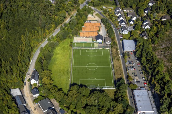 Aerial view, football stadium sports field FC Kirchhundem 1946 and tennis court TC Rot-Weiß Kirchhundem, Kirchhundem, Sauerland, North Rhine-Westphalia, Germany, DE, Europe, football field, football stadium, football club, aerial view, aerial photography, aerial photography, Rewe Kaufpark, sports, sports facilities, sports field, sports facility, tennis, tennis facility, tennis courts, tennis club, overview, bird's-eye view, overview