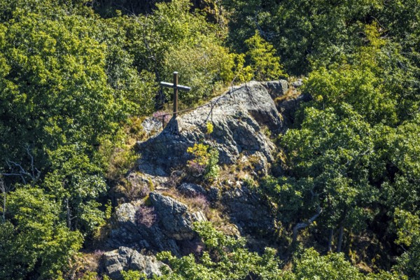Aerial view, Albaumer Klippen forest area with cross, Albaum, Kirchhundem, Sauerland, North Rhine-Westphalia, Germany, viewpoint, DE, Europe, cross, aerial view, aerial photography, aerial photography, overview, bird's-eye view, forest, birds-eyes view, overview