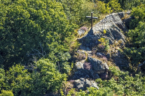 Aerial view, Albaumer Klippen forest area with cross, Albaum, Kirchhundem, Sauerland, North Rhine-Westphalia, Germany, viewpoint, DE, Europe, cross, aerial view, aerial photography, aerial photography, overview, bird's-eye view, forest, birds-eyes view, overview