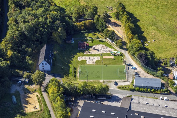 Aerial view, playground and sports field Albaumer Straße, Würdinghausen, Kirchhundem, Sauerland, North Rhine-Westphalia, Germany, DE, Europe, aerial view, aerial photography, aerial photography, playground, sports field, overview, bird's-eye view, overview