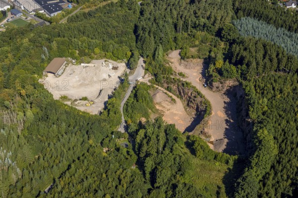 Aerial view, quarry Behle Am Königsberg in the forest area, Würdinghausen, Kirchhundem, Sauerland, North Rhine-Westphalia, Germany, DE, Europe, aerial view, aerial photography, aerial photography, quarry, overview, bird's-eye view, overview