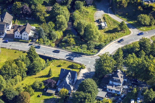 Aerial view, road junction Bahnhofsweg corner Hundemstraße, Altenhundem, Lennestadt, Sauerland, North Rhine-Westphalia, Germany, DE, Europe, Kirchhundem, aerial view, aerial photography, aerial photography, road junction, road traffic, overview, bird's eye view, birds-eyes view, overview
